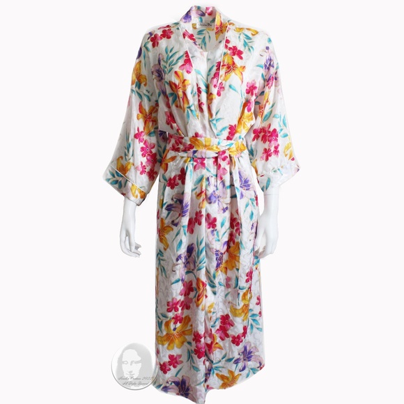 Christian Dior Robe Satin Jacquard Floral Print Bathrobe Cover Up Size M Vintage - Picture 1 of 9